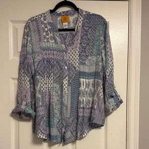 Ruby Rd. Patchwork Blouse – Blue & Green, Flowy & Boho Chic 🌿